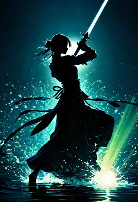 (纯Black silhouette,Silhouette of heroine dancing sword:1.5),Glowing sword,(Fighting posture，强dyna姿势:1.4),on  the lake，high contrast, movie lighting, Enigmatic Atmosphere,，lotus flower，Lotus leaf，corrugation，(water splash;1.4)，a moon，dyna，swordsman，Kungfu，B...