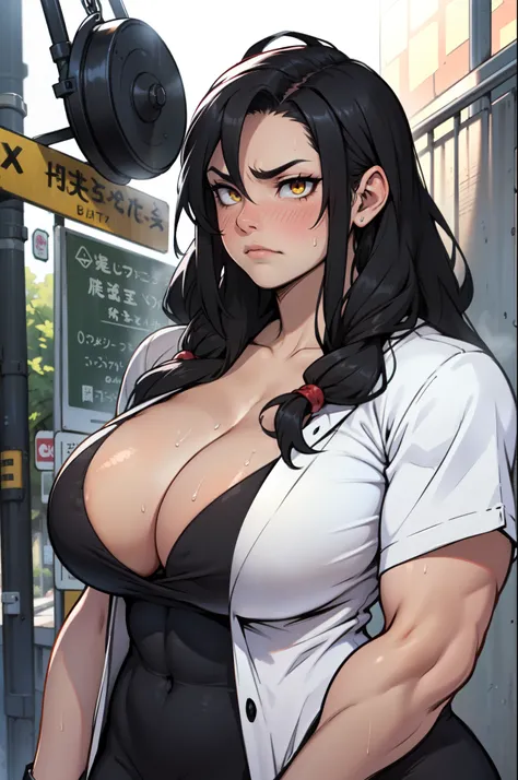 muscular black hair yellow eyes pale skin girl sad cleavage huge breasts blushing frown sweaty long straight hair long straight hair