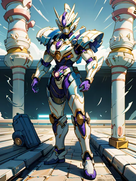 A super  a high-tech biotech battle suit, standing on a rooftop, looking over the city, Japanese tokusatsu and American comic style, biometallic texture of the suit, sleek and shiny, dynamic, fast, natural light, cinematic, high quality, high resolution, h...