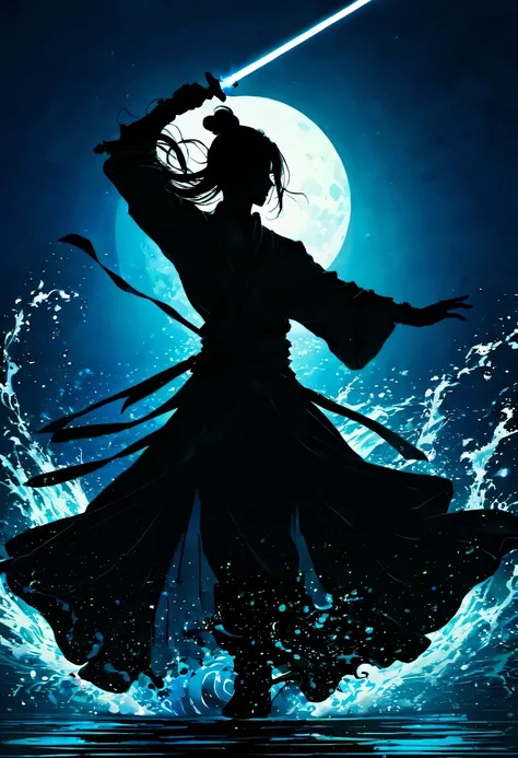 (纯Black silhouette,Silhouette of heroine dancing sword:1.5),Glowing sword,(Fighting posture，强dyna姿势:1.4),on  the lake，high contrast, movie lighting, Enigmatic Atmosphere,，lotus flower，Lotus leaf，corrugation，(water splash;1.4)，a moon，dyna，swordsman，Kungfu，B...