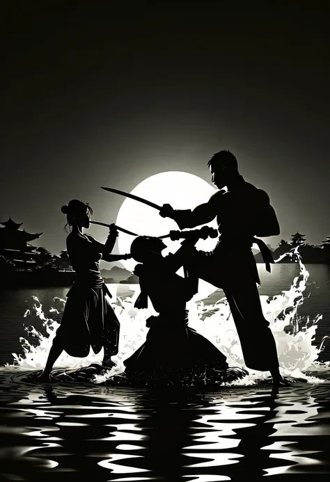 (纯Black silhouette,Heroine fighting silhouette:1.5),(Fighting posture，强dyna姿势:1.4),on  the lake，high contrast, movie lighting, Enigmatic Atmosphere,，lotus flower，Lotus leaf，corrugation，(splash of water;1.4)，a moon，dyna，martial arts，Kungfu，Black silhouette，...