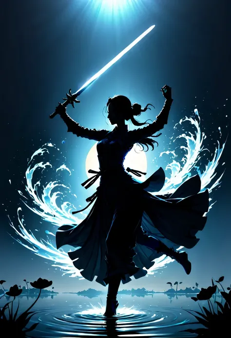 (纯Black silhouette,Silhouette of heroine dancing sword:1.5),Glowing sword,(Fighting posture，强dyna姿势:1.4),on  the lake，high contrast, movie lighting, Enigmatic Atmosphere,，lotus flower，Lotus leaf，corrugation，(splash of water;1.4)，a moon，dyna，swordsman，Kungf...