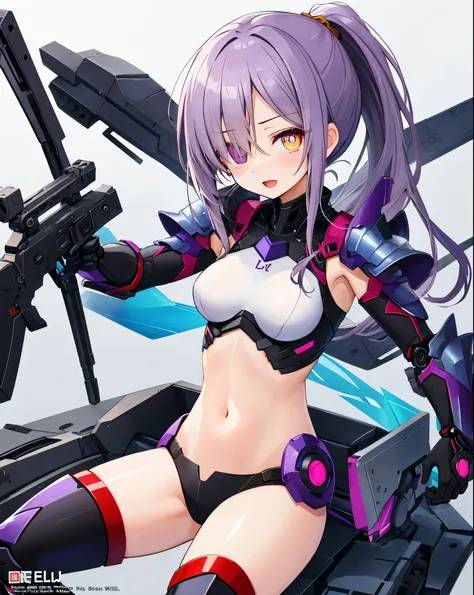 Japanese_anime_style,1figure_girl,(loli:1.5), (short_ponytail:1.3), (light_whitish_purple_hair:1.3),black_mechanical_armor_parts,white_breasts_parts_red_black_body_suit,bare_shoulder,bare_slender_thighs,medium_breasts,on_the_desk, desk_background,Stinging_...