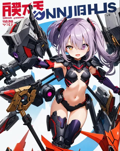 Japanese_anime_style,1figure_girl,(loli:1.5), (short_ponytail:1.3), (light_whitish_purple_hair:1.3),black_mechanical_armor_parts,white_breasts_parts_red_black_body_suit,bare_shoulder,bare_slender_thighs,medium_breasts,on_the_desk, desk_background,Stinging_...