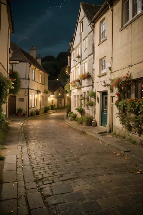 ((best quality)), ((masterpiece)), (detailed), photograph of village street in historic town of Bibury, England, autumn, night-time 