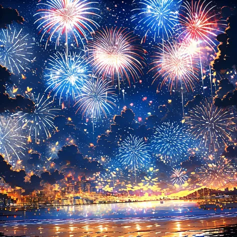 (masterpiece, 4k, 8k, best quality), fireworks in the night sky, colorful fireworks in the night sky, (fireworks drawing 2024: 1...