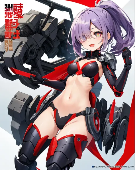 Japanese_anime_style,1figure_girl,(loli:1.5), (short_ponytail:1.3), (light_whitish_purple_hair:1.3),black_mechanical_armor_parts,white_breasts_parts_red_black_body_suit,bare_shoulder,bare_slender_thighs,medium_breasts,on_the_desk, desk_background,Stinging_...