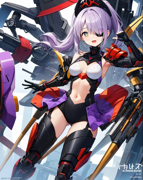 Japanese_anime_style,1figure_girl,(loli:1.5), (short_ponytail:1.3), (light_whitish_purple_hair:1.3),black_mechanical_armor_parts,white_breasts_parts_red_black_body_suit,bare_shoulder,bare_slender_thighs,medium_breasts,on_the_desk, desk_background,Stinging_...