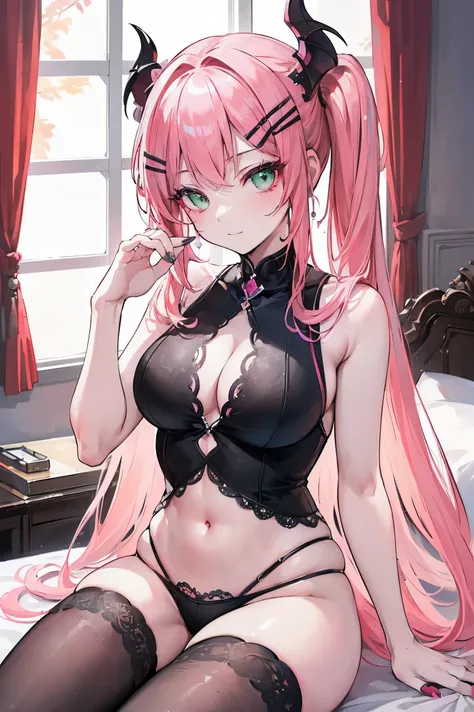 (masterpiece:1.4, the best_quality), masterpiece_illustration, _background, sharp_focus, beautiful_detailed_Eye, beautiful_detailed_eyelash, outline, ((bedroom, indoors)), 1 girl, alone, demon, demon tail, _giggle, green_Eye, pink_hair, long_hair, Very_lon...