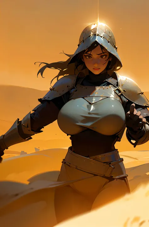 (high definition, 4k),1girl, medieval knight (in stile of Conan the Barbarian), realistic,large breasts,facing away, desert background, dusty winds, sandstorm, (overexposure:1.5), warm tones, wide angle, (blurred background:1.3)