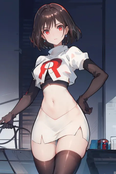 (extremely detailed CG), (best quality), perfect face, shiny skin, lustrous skin,wide hips,   1girl,solo ,    RaeTaylor,jewelry, red eyes, short hair, brown hair, looking at viewer,team rocket,team rocket uniform,white skirt,red letter R,crop top,black thi...