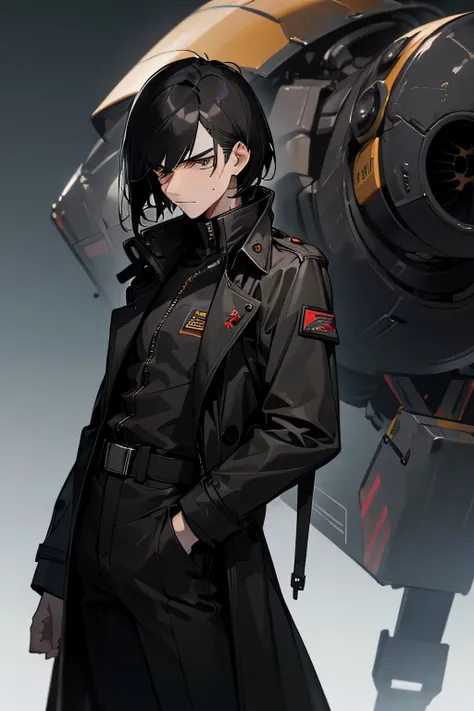 ((best quality)), ((masterpiece)), (detailed), male, 20 years old, jet black hair, messy haircut, dark eyeshadow, short, bad posture, open black trench coat, mech pilot, pilot suit underneath coat, frowning, science fiction, pale skin