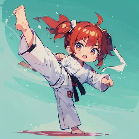 masutepiece, Best Quality, Extremely detailed, Anime, (Karate Girls:1.5), Solo, Full body, Ahoge, Chibi Character, Deformed, Exercising, (Upper Kick:1.5), dojo