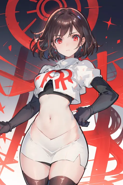 (extremely detailed CG), (best quality), perfect face, shiny skin, lustrous skin,wide hips,   1girl,solo ,    RaeTaylor,jewelry, red eyes, short hair, brown hair, looking at viewer,team rocket,team rocket uniform,white skirt,red letter R,crop top,black thi...