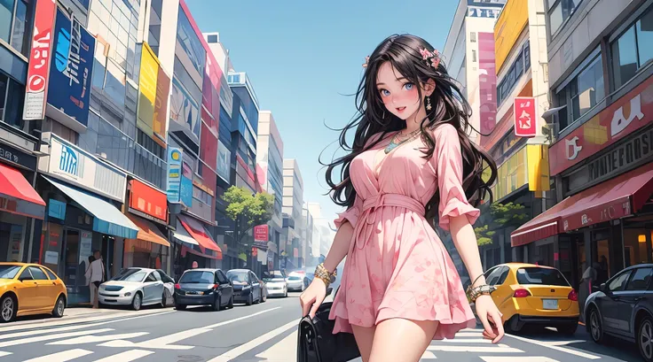 masterpiece, best quality, photorealistic, solo, perfect slim fit body, thick thighs, huge breasts, braided wavy hair, hair ornaments, necklace, bracelets, spring dress, stylish, chic, cute, artistic, big city, modern themed scenery, bright colors, elabora...