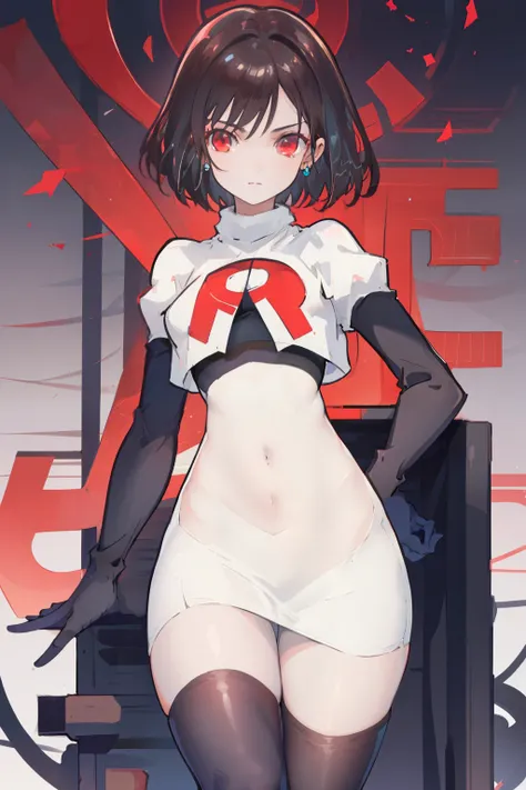 (extremely detailed CG), (best quality), perfect face, shiny skin, lustrous skin,wide hips,   1girl,solo ,    RaeTaylor,jewelry, red eyes, short hair, brown hair, looking at viewer,team rocket,team rocket uniform,white skirt,red letter R,crop top,black thi...