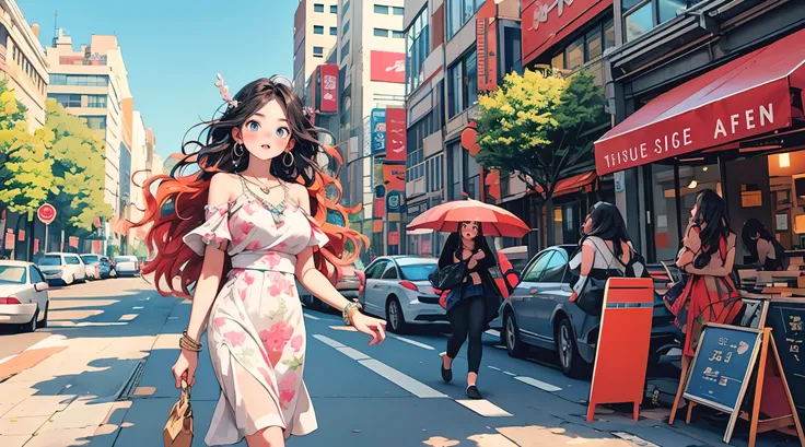 masterpiece, best quality, photorealistic, solo, perfect slim fit body, thick thighs, huge breasts, braided wavy hair, hair ornaments, necklace, bracelets, spring dress, stylish, chic, cute, artistic, big city, modern themed scenery, bright colors, elabora...