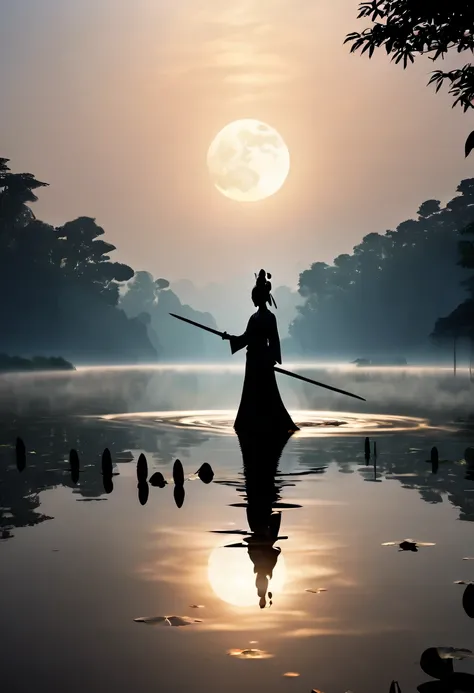 (Dancing sword silhouette:1.5),Glowing sword,(Powerful power:1.4),on  the lake，high contrast, movie lighting, Enigmatic Atmosphere,，lotus flower，Lotus leaf，a moon