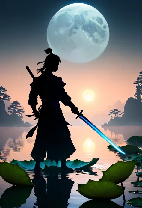 (Dancing sword silhouette:1.5),the light of the sword,(Powerful power:1.4),on  the lake，high contrast, movie lighting, Enigmatic Atmosphere,，lotus flower，Lotus leaf，a moon