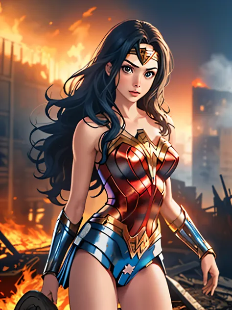 Wonder woman standing in a burning building