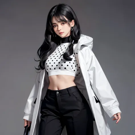 Female with baggy black pants a white crop top and a white polka dot faux coat with her hair wavy with black and white colors