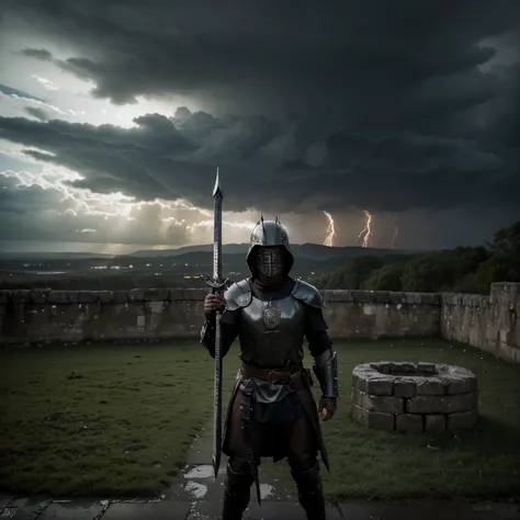 best quality,4k,8k,highres,masterpiece:1.2),ultra-detailed,(realistic,photorealistic,photo-realistic:1.37),dark stormy atmosphere,menacing castle,dangerous evil knight,warrior in armor,stormy sky,thunder and lightning,cold wind blowing,ominous clouds,dark ...