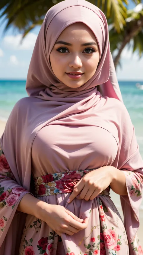 ( Close Up),RAW, Best quality, high resolution, masterpiece: 1.3), beautiful Malay woman in hijab, Masterpiece, perfect fit body, Big breasts, thick thighs, beautiful big eyes, mole under the eyes, long eyelashes, big eyes, beutifull face, Soft smile,  wom...