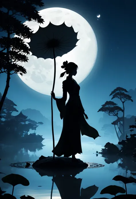 (Heroine silhouette:1.5),Powerful power,on  the lake，high contrast, movie lighting, Enigmatic Atmosphere,，lotus flower，Lotus leaf，a moon