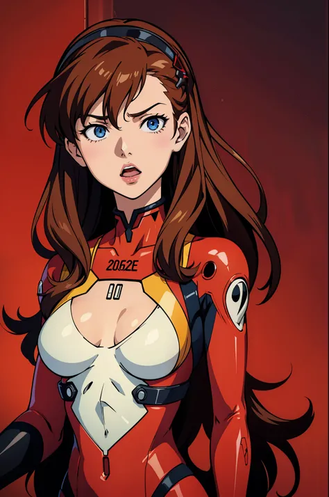 hands_on_own_chest,souryuu_asuka_langley,bodysuit,brown_hair,torn_bodysuit,rebuild_of_evangelion,1girl,large_breasts,upper_body,breasts,long_hair,skin_tight,hair_down,shiny_clothes,hair_ornament,very_long_hair,red_bodysuit,plugsuit,_background,solo,neon_ge...