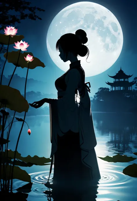 (Heroine silhouette:1.5),on  the lake，high contrast, movie lighting, Enigmatic Atmosphere,，lotus flower，Lotus leaf，a moon