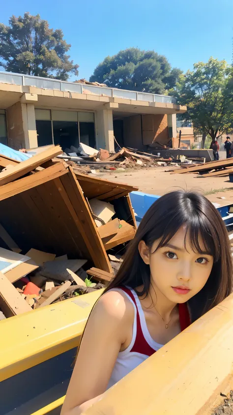 original photo of a female student wearing a small skirt and t-shirt, and its hand, sitting on the rubble while snipe the far aw...