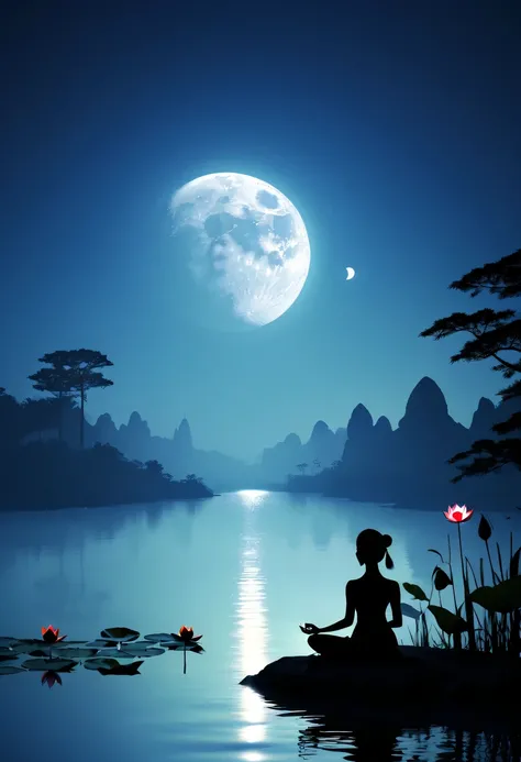 (yoga silhouette:1.5),on  the lake，high contrast, movie lighting, Enigmatic Atmosphere,，lotus flower，Lotus leaf，a moon