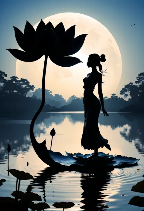 (yoga silhouette:1.5),on  the lake，high contrast, movie lighting, Enigmatic Atmosphere,，lotus flower，Lotus leaf，a moon