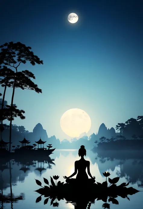 (yoga silhouette:1.5),on  the lake，high contrast, movie lighting, Enigmatic Atmosphere,，lotus flower，Lotus leaf，a moon