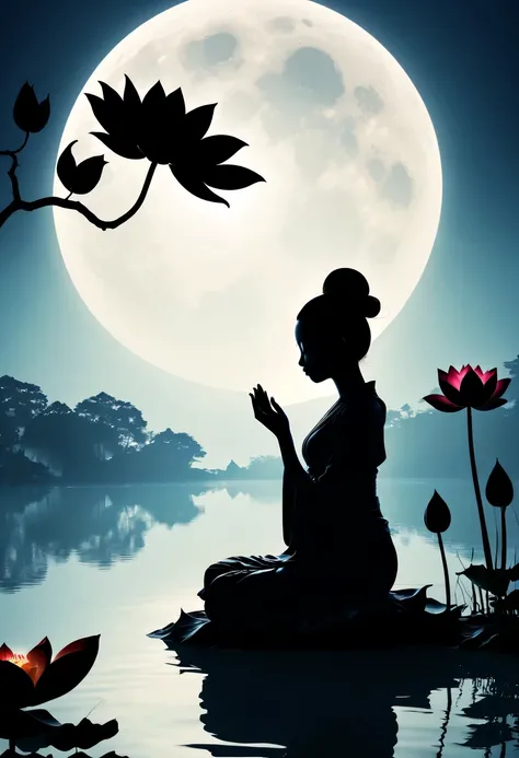 (yoga silhouette:1.5),on  the lake，high contrast, movie lighting, Enigmatic Atmosphere,，lotus flower，Lotus leaf，a moon