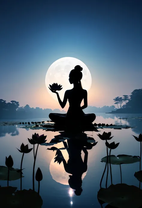 (yoga silhouette:1.5),on  the lake，high contrast, movie lighting, Enigmatic Atmosphere,，lotus flower，Lotus leaf，a moon