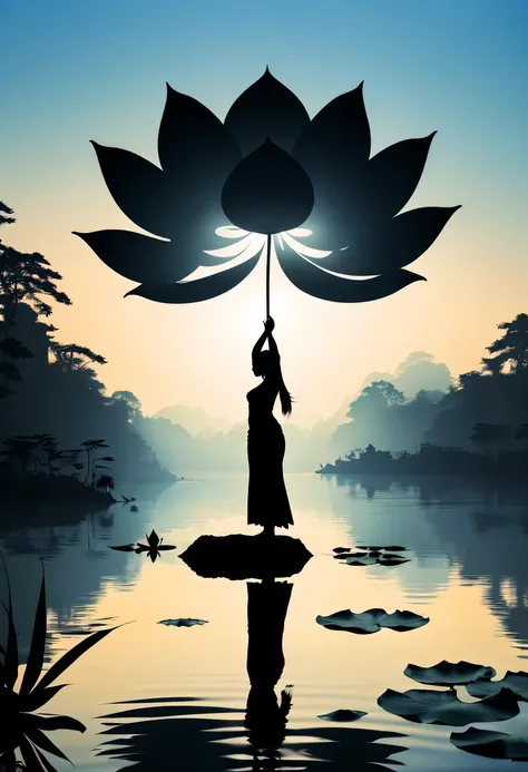 (yoga silhouette:1.5),on  the lake，high contrast, movie lighting, Enigmatic Atmosphere,，lotus flower，Lotus leaf