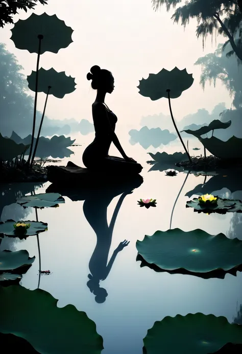 ballet silhouette,on  the lake，high contrast, movie lighting, Enigmatic Atmosphere,，lotus flower，Lotus leaf