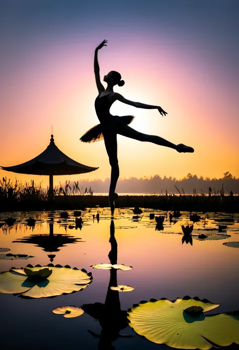 Girl shows black silhouette,Contrast with bright background,ballet silhouette,high contrast,Silhouette ballerina on lake,lotus flower, lily pad，Backlit shooting，