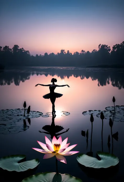 ballet silhouette,high contrast,Silhouette ballerina on lake，Girl shows black silhouette,Contrast with bright background,Cinematic lighting and mysterious atmosphere,lotus flower, lily pad，Backlit shooting，