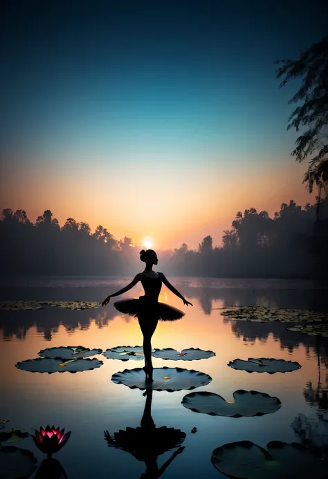 ballet silhouette,high contrast,Silhouette ballerina on lake，Girl shows black silhouette,Contrast with bright background,Cinematic lighting and mysterious atmosphere,lotus flower, lily pad，Backlit shooting，