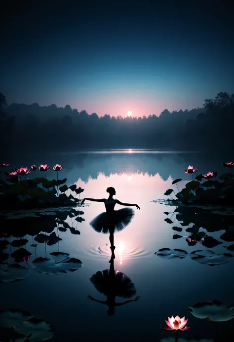 (high contrast,Dark silhouette of ballerina on lake, Cinematic lighting and mysterious atmosphere, lotus flower, reflection, backlight, Black silhouette of girl contrasts with bright background)