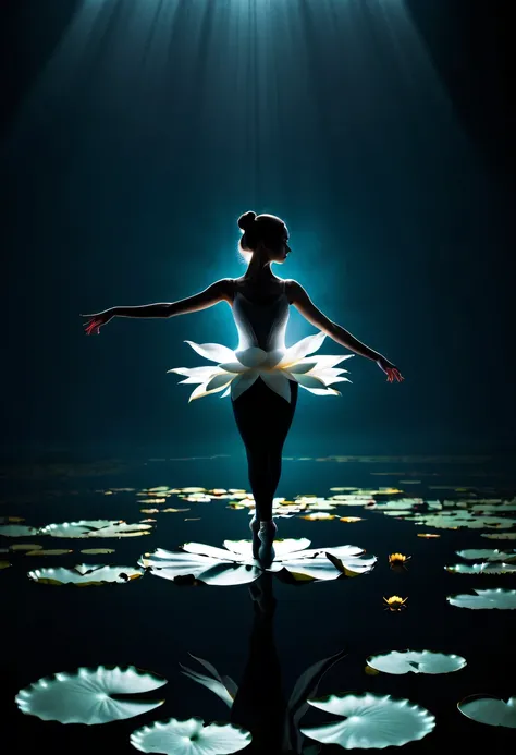 ballet silhouette,high contrast,Silhouette ballerina on lake，Cinematic lighting and mysterious atmosphere,lotus flower, lily pad，Backlit shooting，Girl shows black silhouette,Contrast with bright background