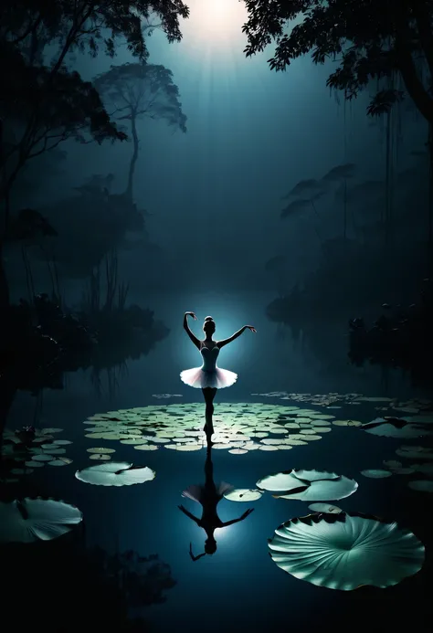 ballet silhouette,high contrast,Silhouette ballerina on lake，Cinematic lighting and mysterious atmosphere,lotus flower, lily pad