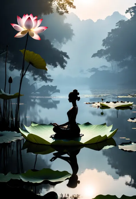 ballet silhouette,on  the lake，high contrast, movie lighting, Enigmatic Atmosphere,，lotus flower，Lotus leaf