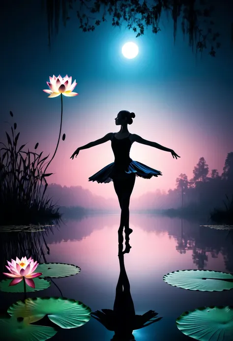 (high contrast,Silhouette ballerina on lake with movie lights in mysterious atmosphere,lotus flower, lily pad