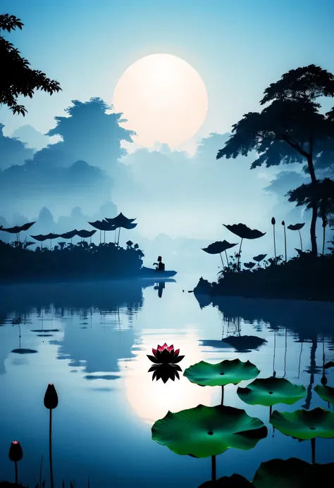 ballet silhouette,on  the lake，high contrast, movie lighting, Enigmatic Atmosphere,，lotus flower，Lotus leaf