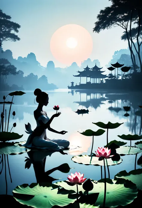 ballet silhouette,on  the lake，high contrast, movie lighting, Enigmatic Atmosphere,，lotus flower，Lotus leaf