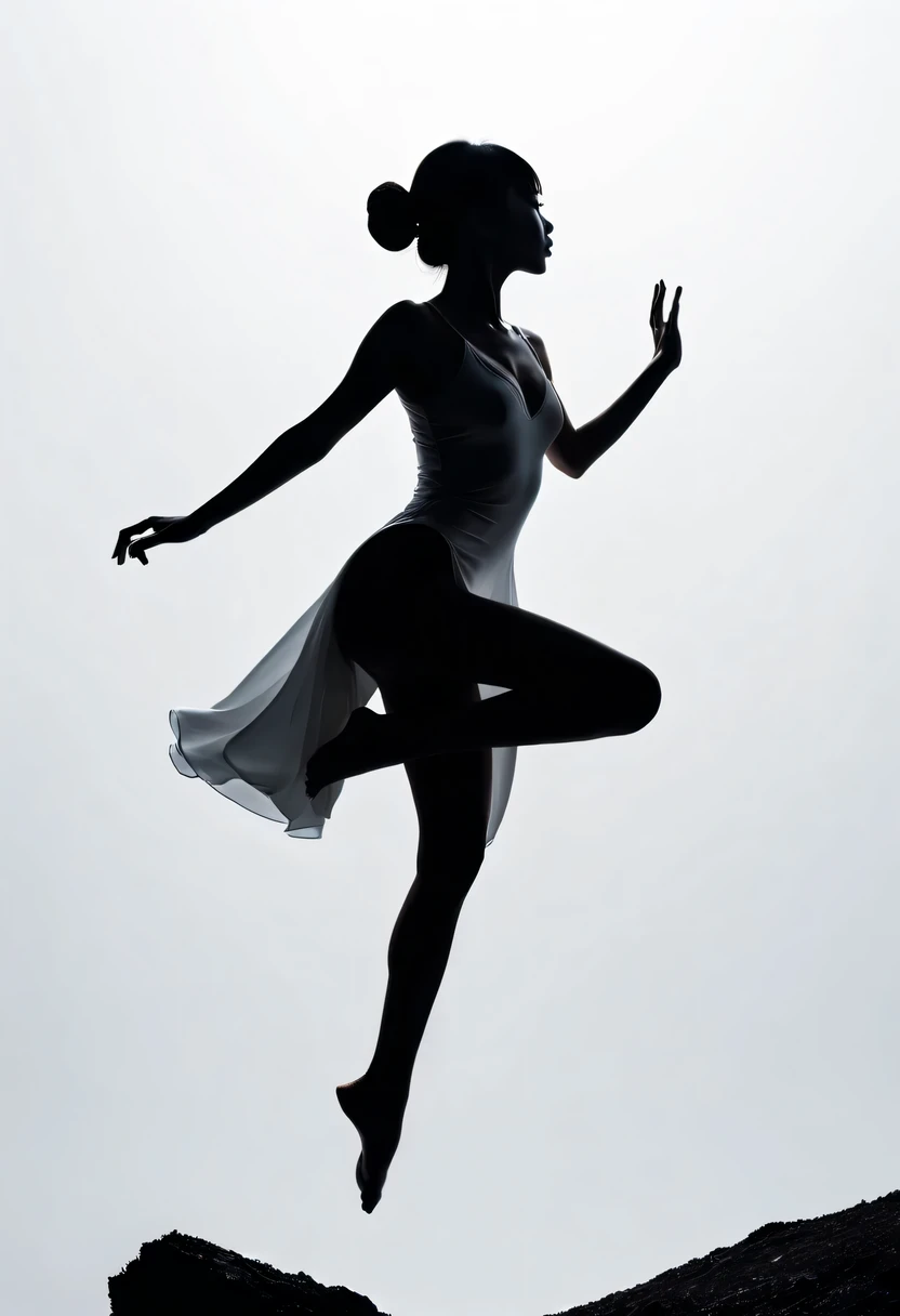 ballet silhouette，at the summit， Abstract，Lots of white space,high contrast, movie lighting, Enigmatic Atmosphere,