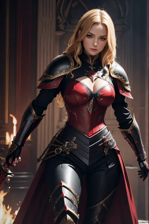 8K,holy knight with sword,Gorgeous black and red very large chest armor(Precisely crafted aristocratic coat of arms),luxury black and red pants,Super beautiful(like the real thing),ultra high resolution,Super realistic,realistic skin,blonde curl hair,big b...